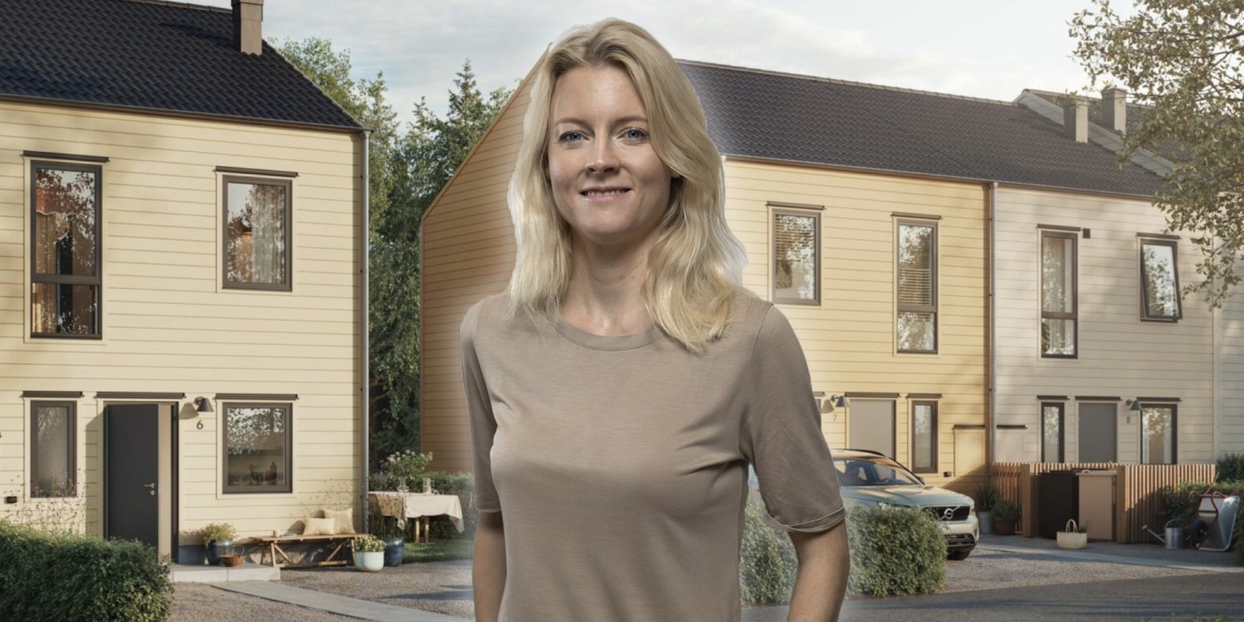 Lynea's CEO Josefin Bergholtz in front of the type of housing the new company focuses on. The image is a montage.