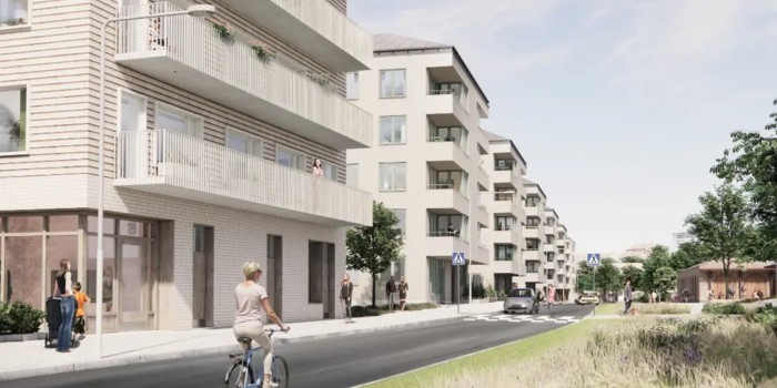 The picture shows the new street in the northern part of Nytorps gärde. Quarters C and D are visible on the left side and Nytorpsbadet on the right side.