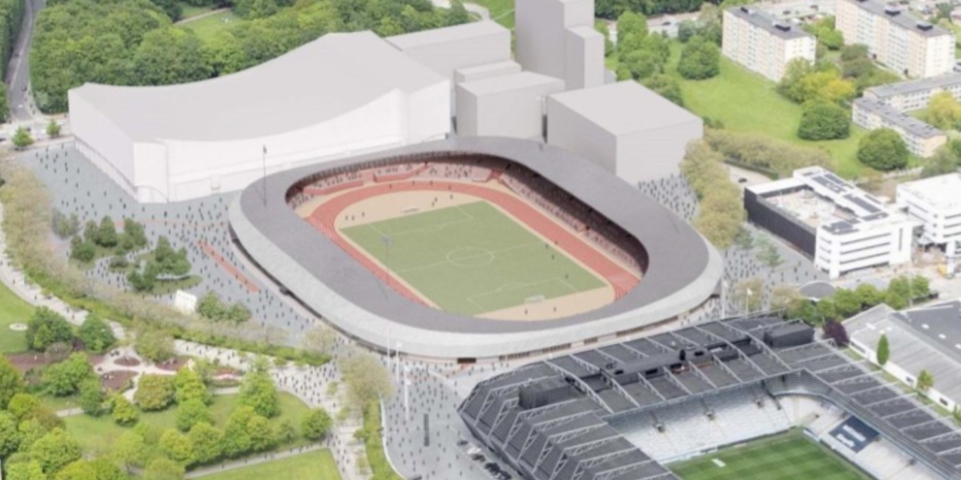 View of the northern part of the Stadium area from the southwest with the new stadium in the center.