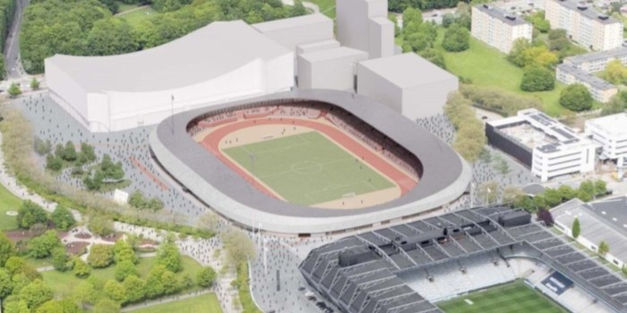 View of the northern part of the Stadium area from the southwest with the new stadium in the center.