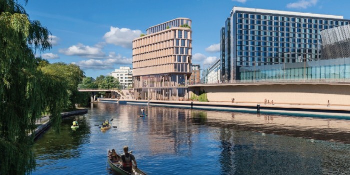 View north from the City Hall Bridge towards the renovated new building and the quay at Klara Lake, on the right you can see Stockholm Waterfront.