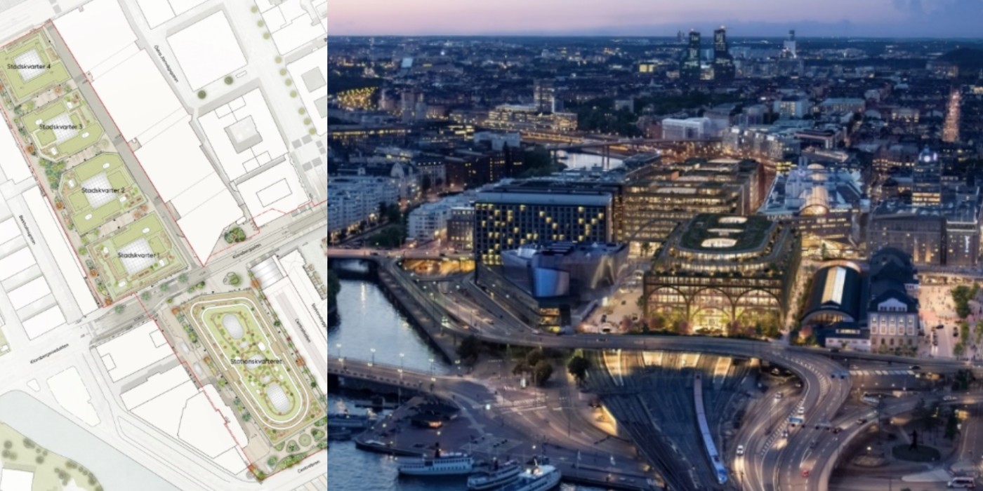 Illustration plan and aerial view showing Centralstaden seen from the south, with the station district in the foreground and the city districts behind.