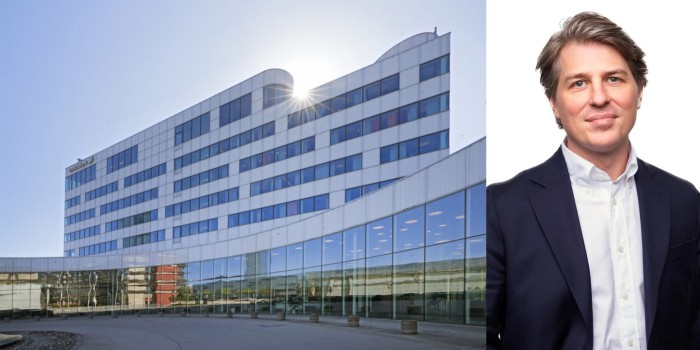Corem's property Isafjord 4 in Kista, where Ericsson, among others, is located. On the right is Sebastian Schlasberg, CEO of Corem's property operations.