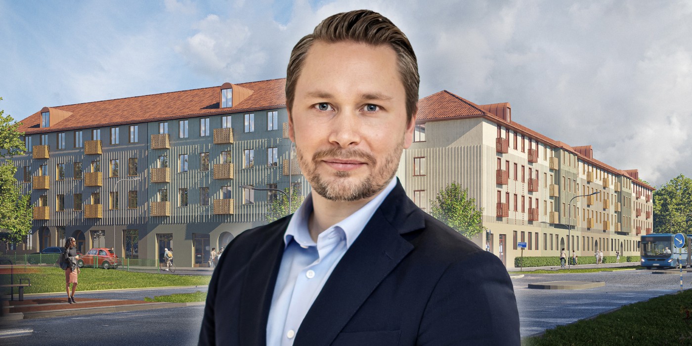 Erik Engvall in front of Storsala's first project in Gothenburg. The image is a montage.
