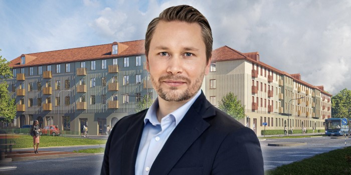 Erik Engvall in front of Storsala's first project in Gothenburg. The image is a montage.