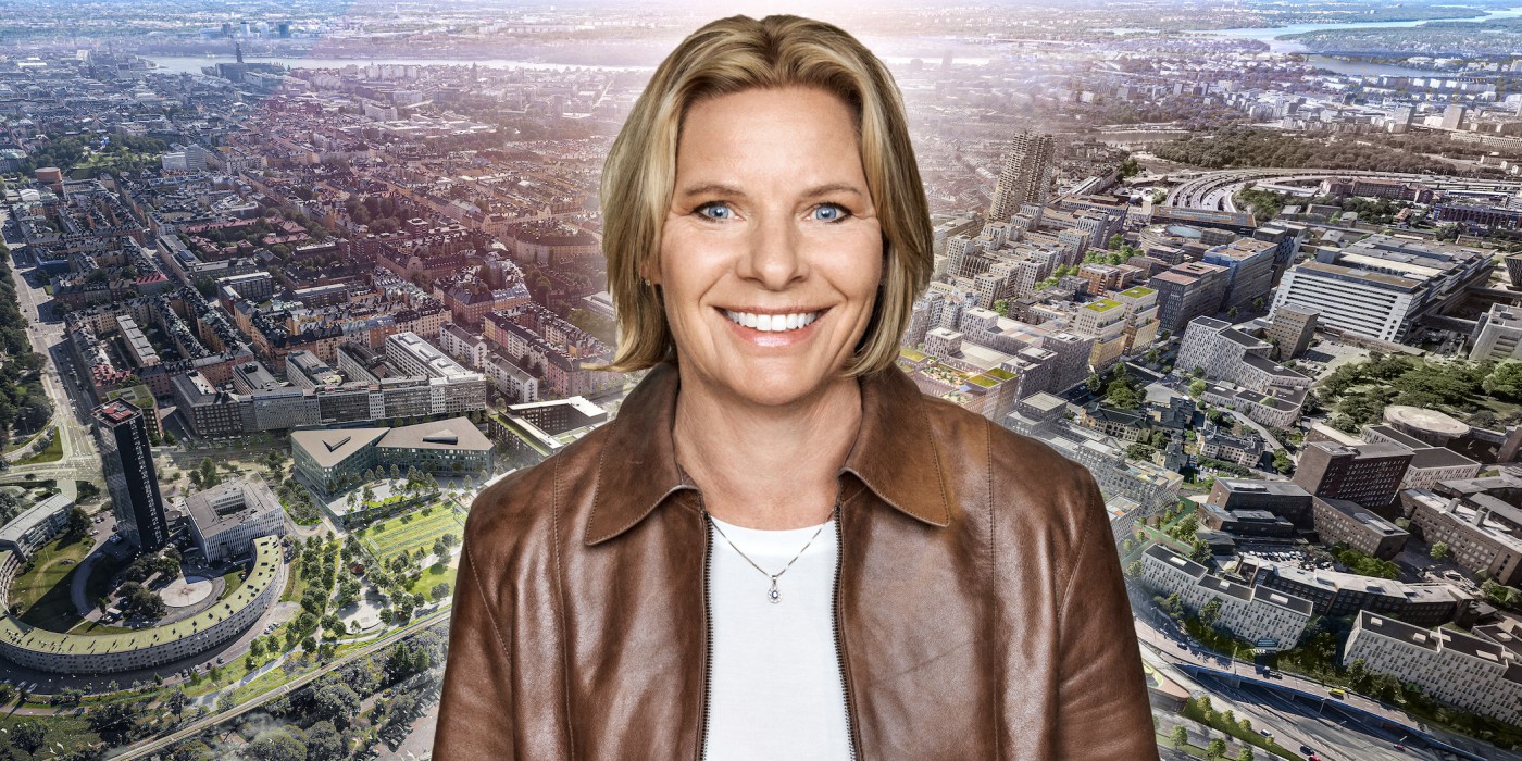 Annica Ånäs in front of the Hagastaden area in Stockholm. The image is a montage.