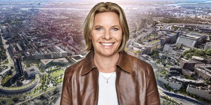 Annica Ånäs in front of the Hagastaden area in Stockholm. The image is a montage.