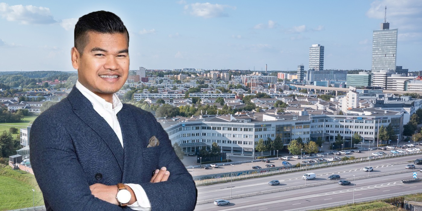 Yusrizal Ibrahim in front of Technopolis campus in Kista, Stockholm. The image is a montage.