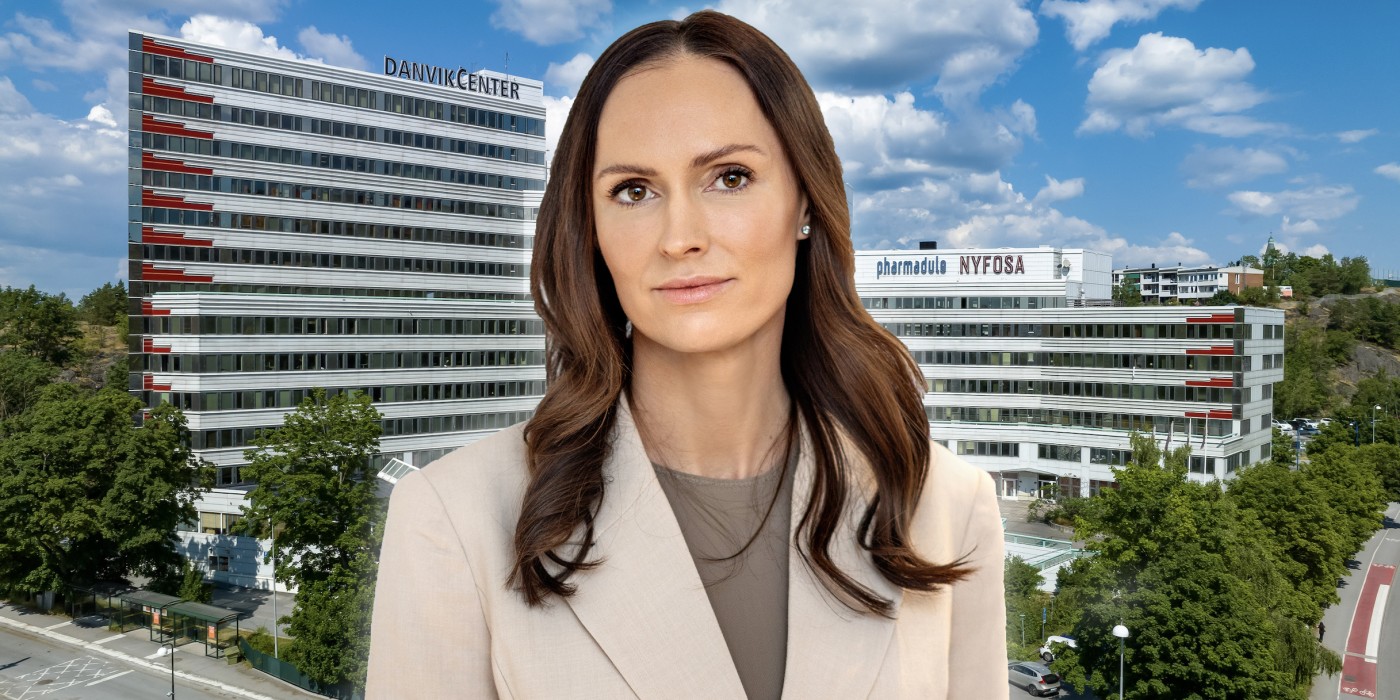 Sofia Folstad in front of the newly acquired Danvik Center in Stockholm. The image is a montage.