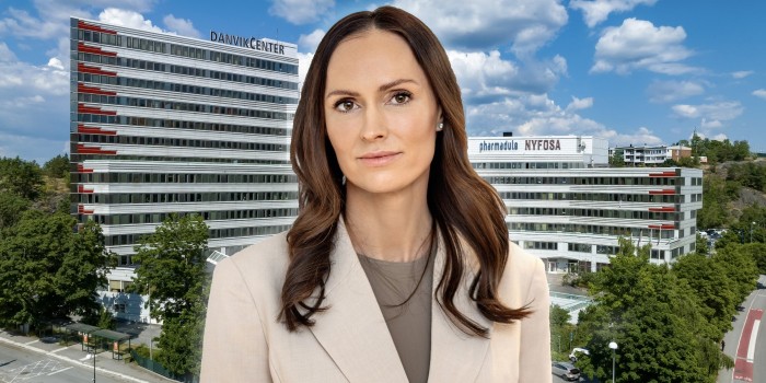 Sofia Folstad in front of the newly acquired Danvik Center in Stockholm. The image is a montage.