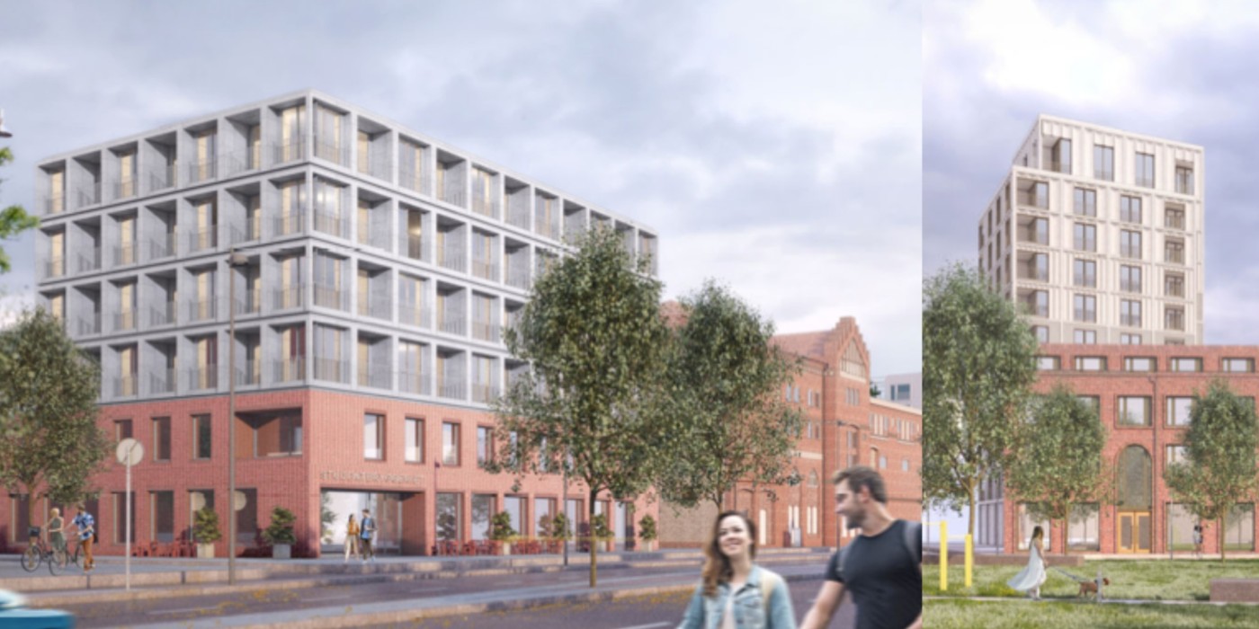Designs of the residential development within the Bryggeriet neighborhood. On the right is the high-rise building that can be up to twelve stories high.
