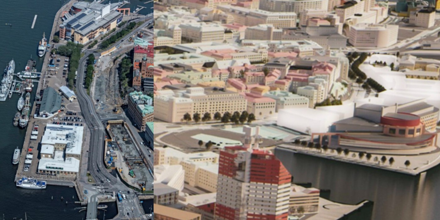 The white house bodies in the picture on the right are an early sketch for the approximately 300 homes that the city is planning for in the Opera area and Packhuskajen.