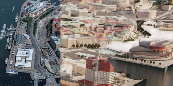 The white house bodies in the picture on the right are an early sketch for the approximately 300 homes that the city is planning for in the Opera area and Packhuskajen.