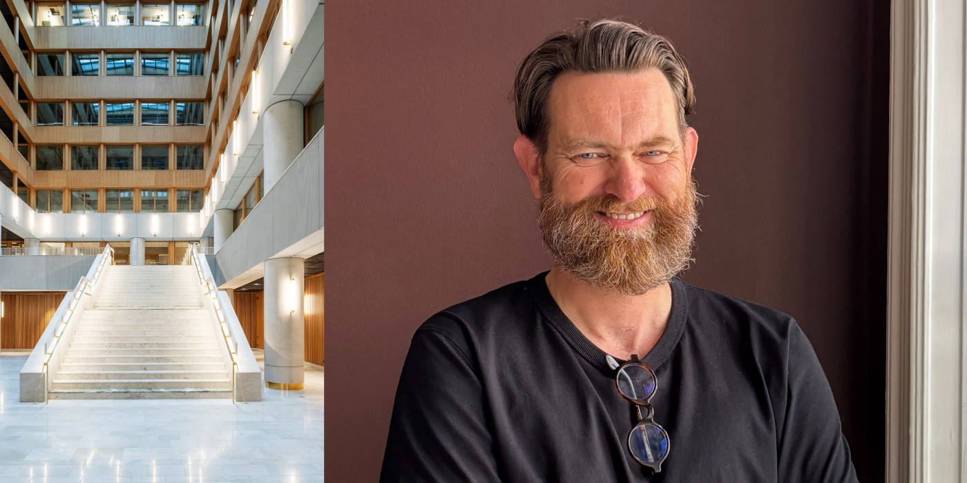 To the left, the lightwell in the entrance with the large marble staircase is visible; to the right, architect Josef Eder of General Architecture.