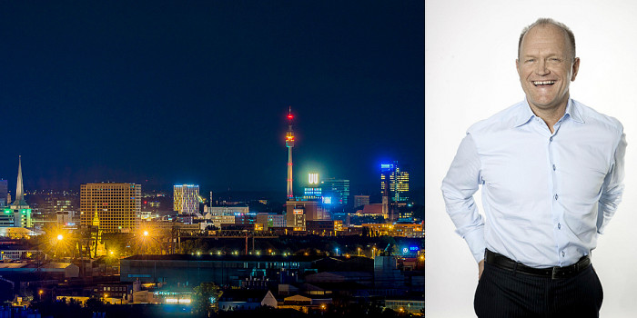 Dortmund skyline and Pandox's CEO Anders Nissen.
