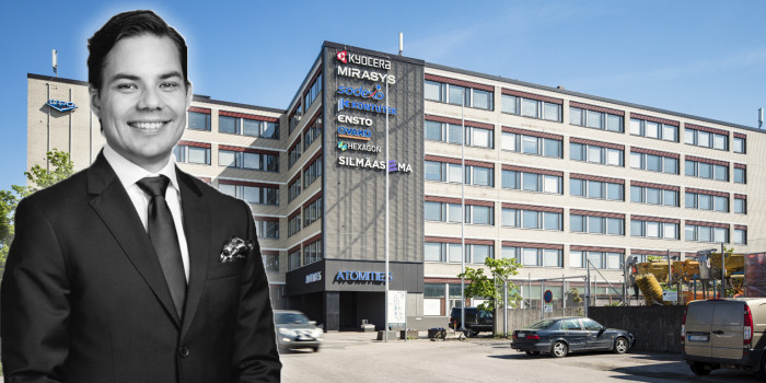 Risto Aro in front of Trevian's newly acquired office building Atomitie 5. The image is a montage.